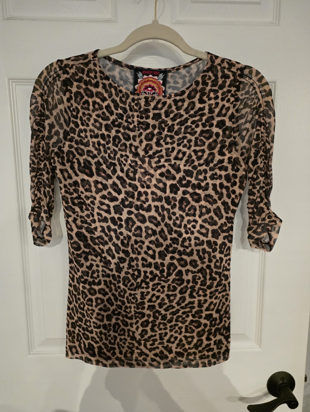Johnny Was Ruched Sleeve Mesh Top XS